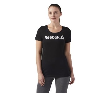 Reebok Linear Scoop Neck T Shirt Damen - Schwarz/Weiß - DE 063-YEW